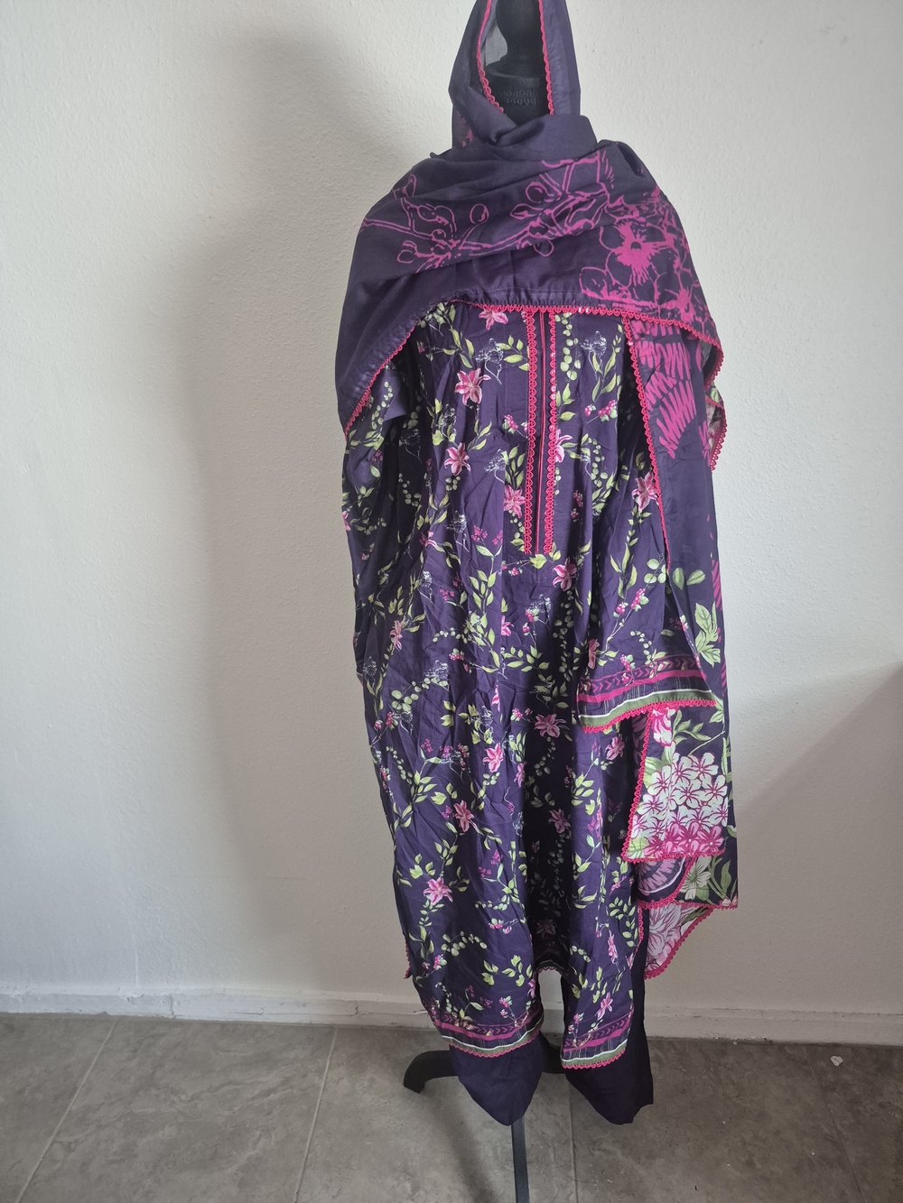 Women’s Purple & Pink Floral Maxi Dress with Scarf